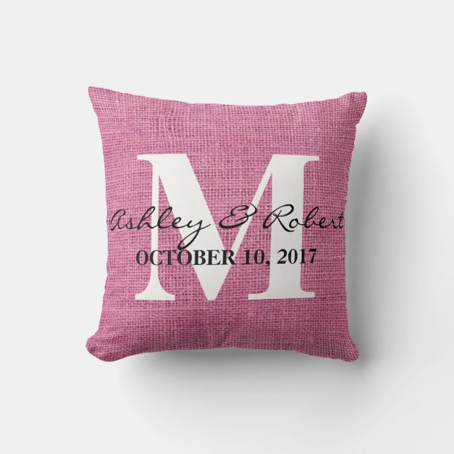 Modern Decorative Burlap White Monogram Wedding Cushion (Front)