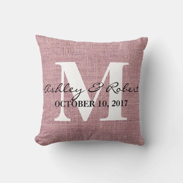 Modern Decorative Burlap White Monogram Wedding Cushion (Front)