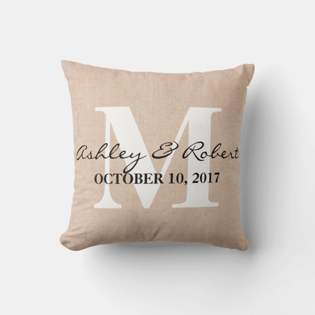 Modern Decorative Burlap White Monogram Wedding Cushion (Front)