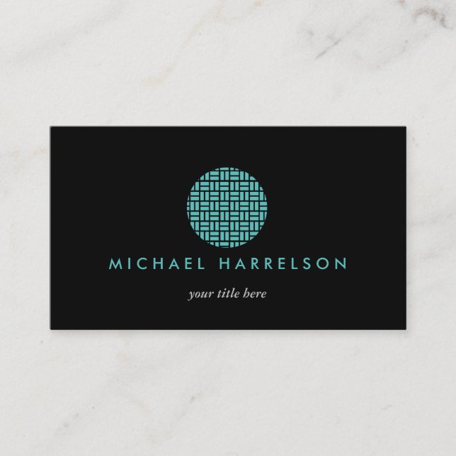 Modern Decorative Logo in Teal on Black Business Card (Front)