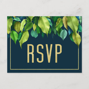 Modern Deep Blue Elegant Foliage Wedding RSVP Postcard