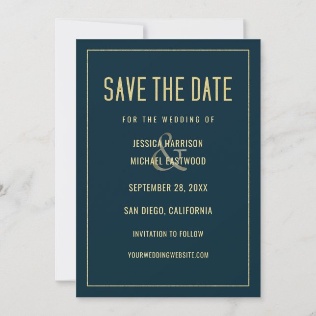 Modern Deep Blue Elegant Simple Wedding Save The Date (Front)