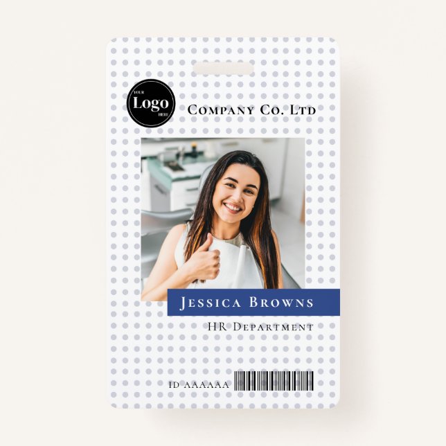 Modern Deep Blue Employee Company Logo Photo QR ID Badge (Front)