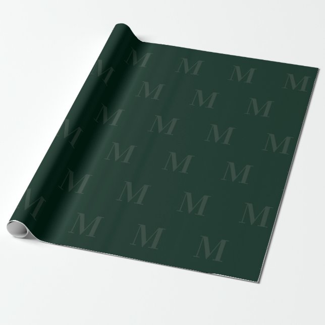 Modern Deep Forest Green Minimalist Monogram Wrapping Paper (Unrolled)