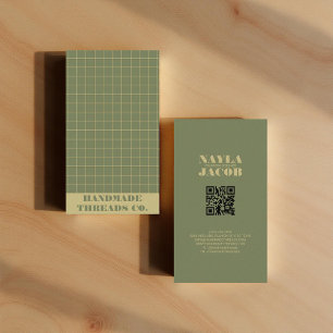 Modern Deep Green Chequered Pattern QR Code  Business Card