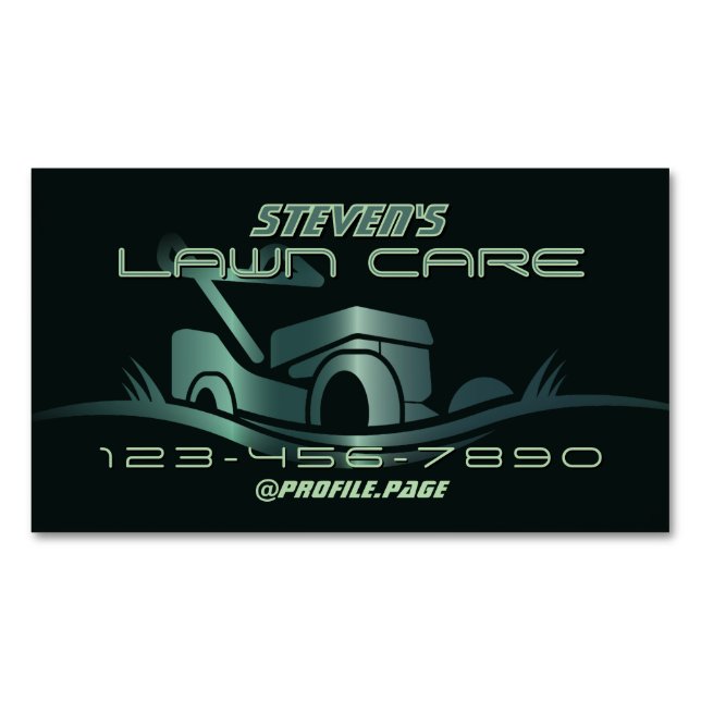 Modern deep green lawn mower  	Magnetic business card (Front)