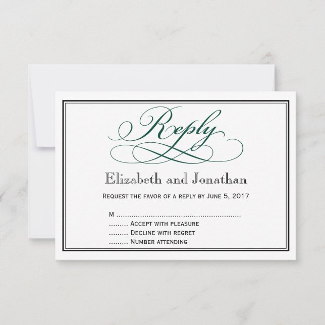 Modern Deep Green Script Wedding Reply Card (Front)