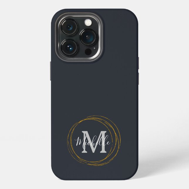Modern Deep Grey/Black & Gold Monogram  iPhone Case (Back)