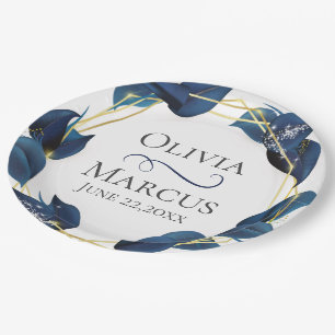 Modern Deep Indigo Blue and Gold Frame Paper Plate