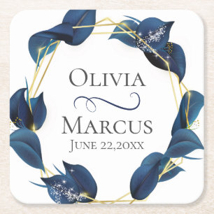 Modern Deep Indigo Blue and Gold Frame Square Paper Coaster