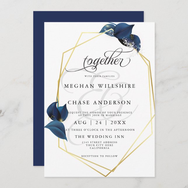 Modern Deep Indigo Blue and GoldBarefootBride™ Invitation (Front/Back)