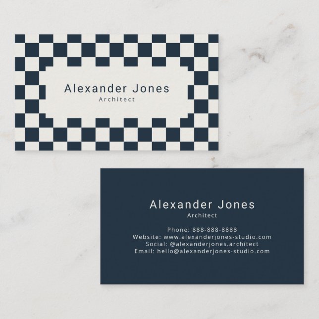 Modern Deep Navy Chequered Pattern Business Card (Front/Back)
