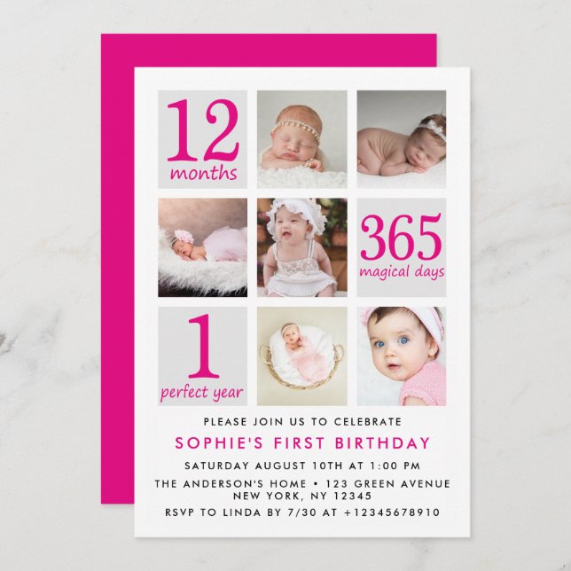 Modern Deep Pink Photo Collage First Birthday Invitation (Front/Back)