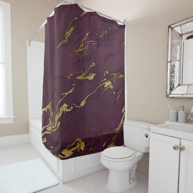 Modern Deep Purple and Gold Marble Shower Curtain (In Situ)