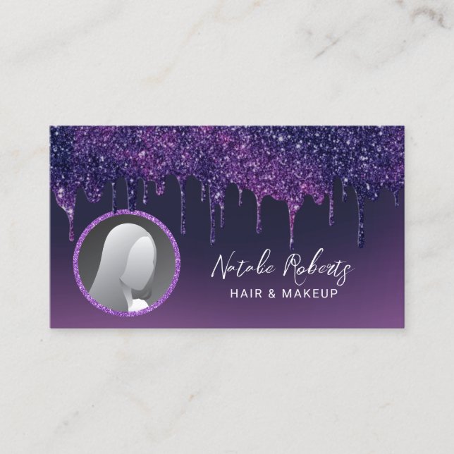 Modern Deep Purple Glitter Drips Beauty Photo Business Card (Front)