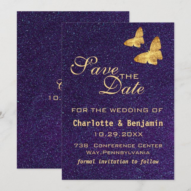 Modern Deep Purple Glitter  & Gold Butterfly Save The Date (Front/Back)