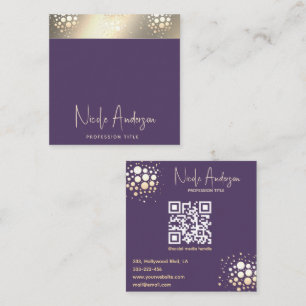 Modern deep purple luxury gold confetti QR code Square Business Card