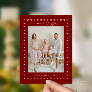 Modern Deep Red Bow Pattern Family Photo Christmas Postcard