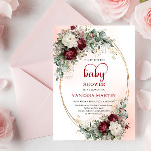 Modern Deep Red Floral Gold Baby Shower Invite