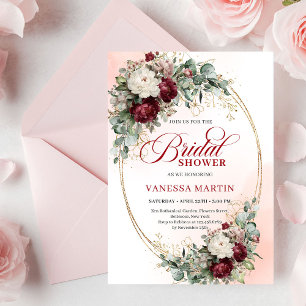 Modern Deep Red Floral Gold Bridal Shower Invite
