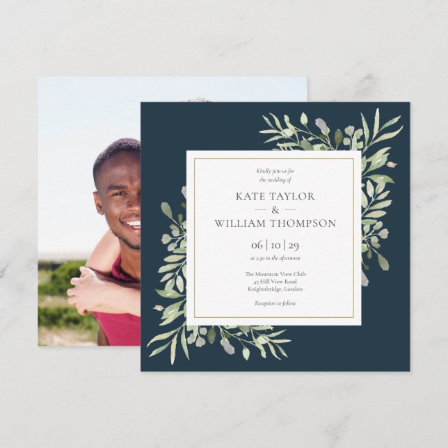 Modern Deep Sea Blue Greenery Photo Wedding Invitation (Front/Back)