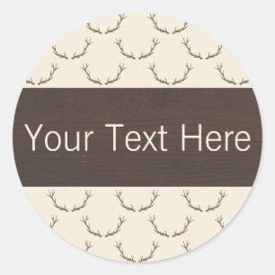 Modern Deer Antlers Pattern on Rustic Brown Wood Classic Round Sticker