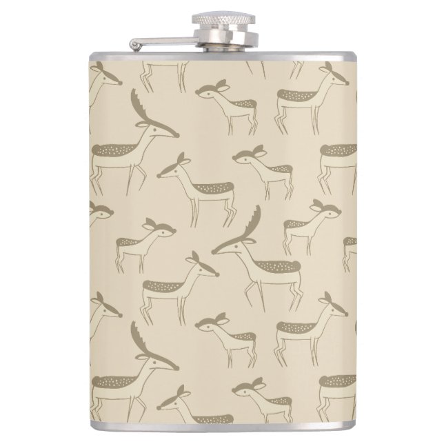 Modern Deer Illustration Beige Pattern Hip Flask (Front)