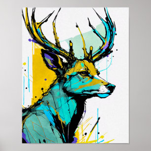 Modern deer print bold colours greens yellows stag