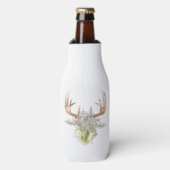 Modern Deer Skull And Floral Pastel Colours Bottle Cooler (Bottle Front)