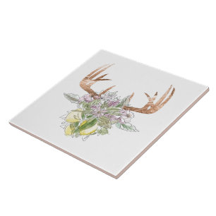 Modern Deer Skull And Floral Pastel Colours Tile