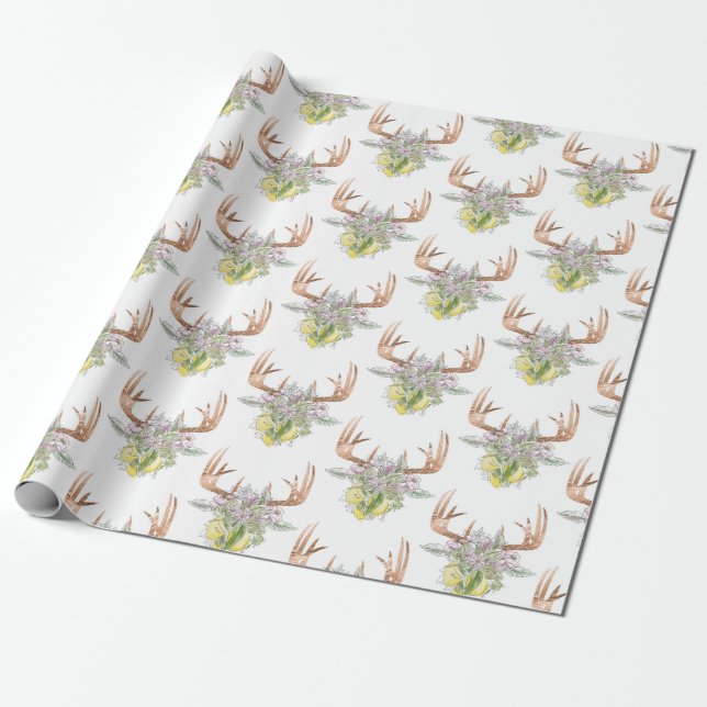 Modern Deer Skull And Floral Pastel Colours Wrapping Paper (Unrolled)