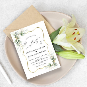 Modern Delicate Greenery Gold Calligraphy Wedding Invitation