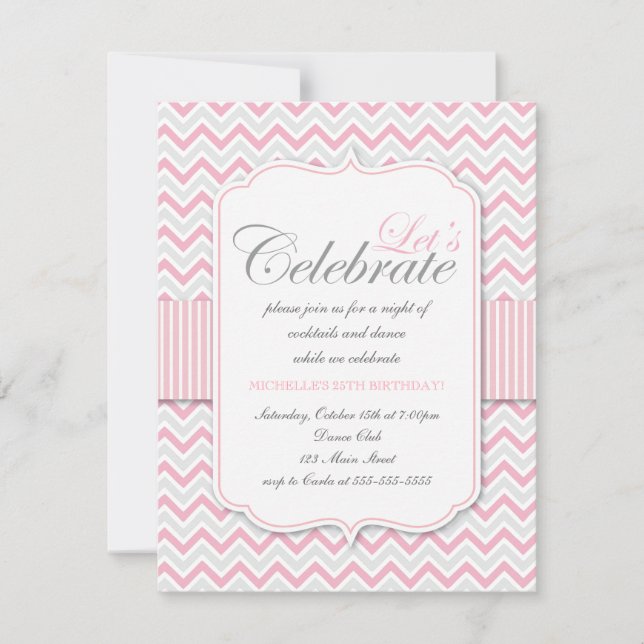 Modern Delicate Pink Chevron Birthday Party Invitation (Front)