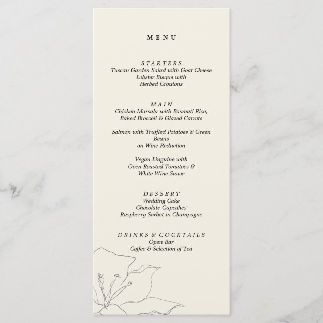Modern Delicate Soft Eggshell Floral Wedding Menu (Front)