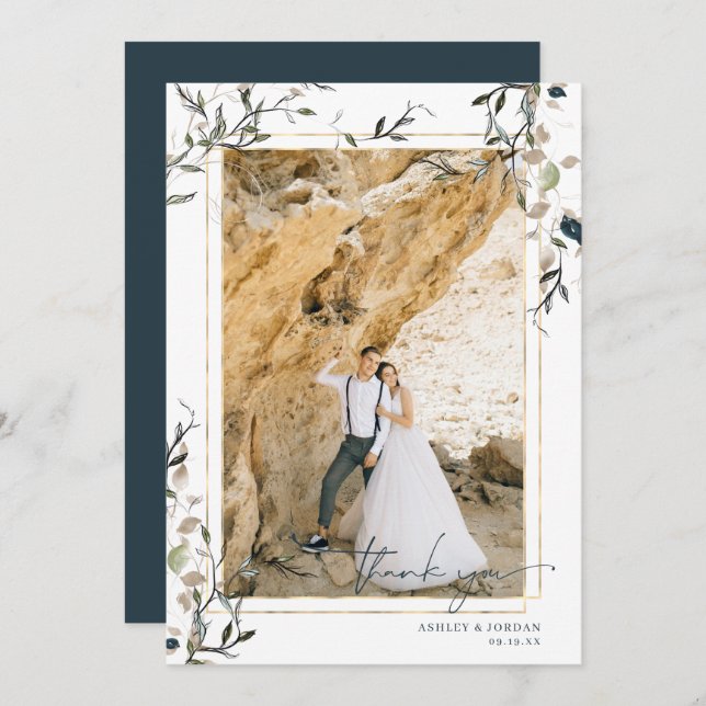 Modern Delicate Spring Greenery Wedding Thank You Card (Front/Back)