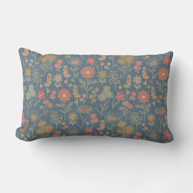 Modern Denim Blue & Coral Floral Lumbar Cushion (Front)