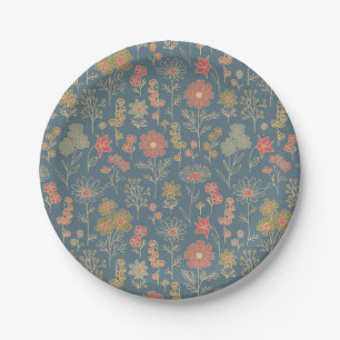 Modern Denim Blue & Coral Floral Paper Plate