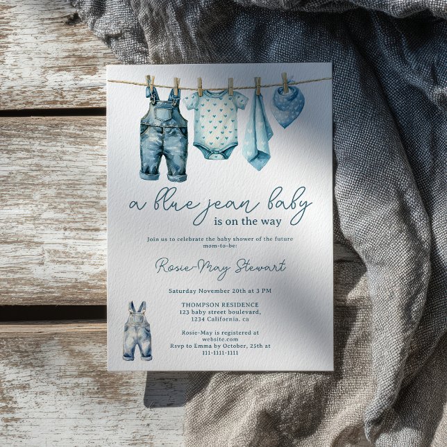 Modern Denim Blue Jean Clothesline Baby Shower Invitation (Modern Denim Blue Jean Clothesline Baby Shower Invitation)