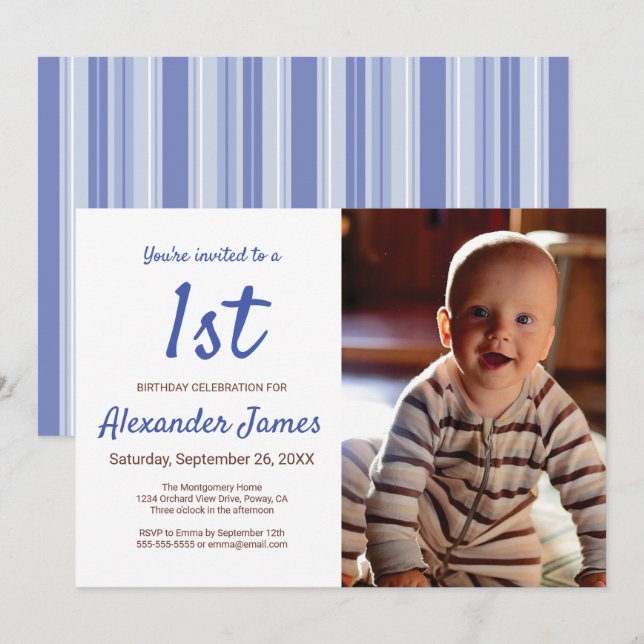 Modern Denim Blue Striped Boy Birthday Party Photo Invitation (Front/Back)