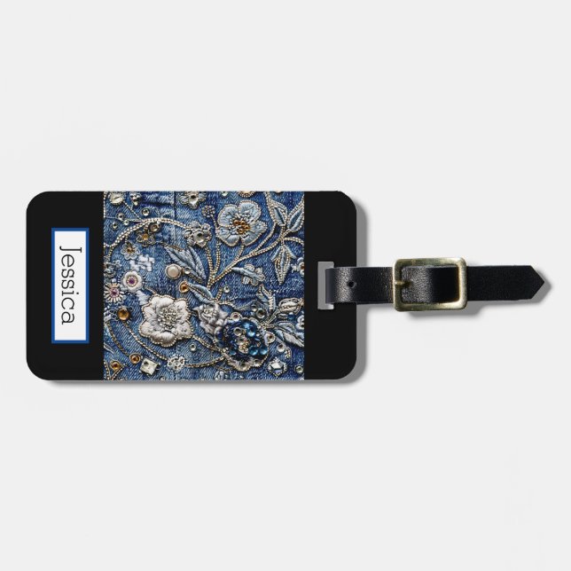 Modern Denim Jeans Floral Luggage Tag (Front Horizontal)