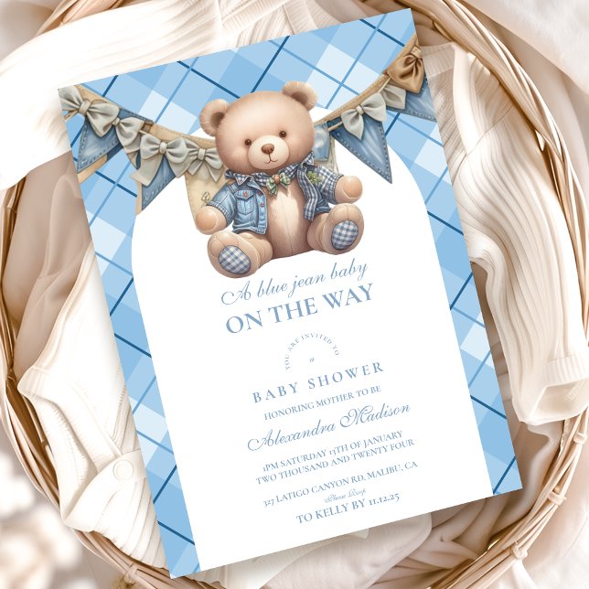 Modern Denim Teddy Bear Baby Shower Invitation (Creator Uploaded)