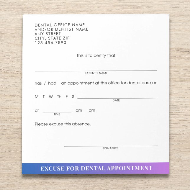 Modern Dental Appointment Excuse Slip Custom Notepad (Creator Uploaded)