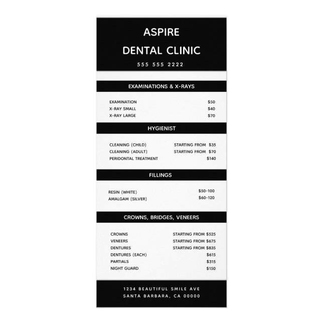 Modern Dentist Orthodontist Price list Black Rack Card (Front)