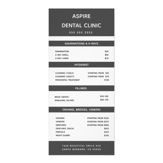 Modern Dentist Orthodontist Price list Gray Rack Card Zazzle.co.uk