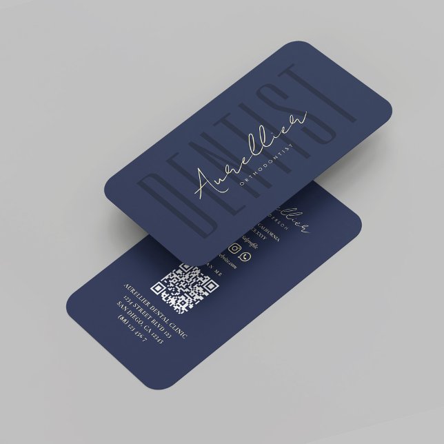 Modern Dentist Orthodontists Dental Monogram Blue  Business Card (Modern Dentist Orthodontists Dental Monogram Blue Gold Doctor Dental Surgery QR Business Card
)