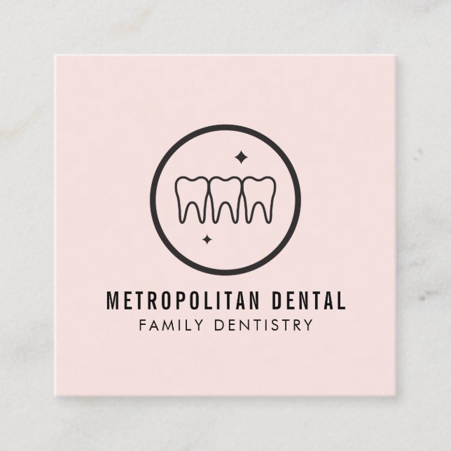 Modern Dentist Teeth Black Logo on Pink Square Business Card (Front)