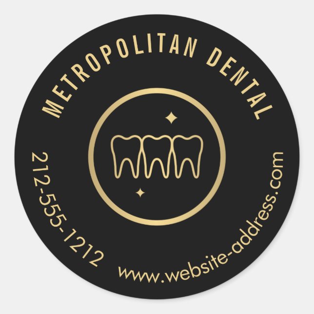 Modern Dentist Teeth Faux Gold Logo on Black Classic Round Sticker (Front)