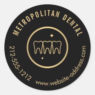 Modern Dentist Teeth Faux Gold Logo on Black Classic Round Sticker
