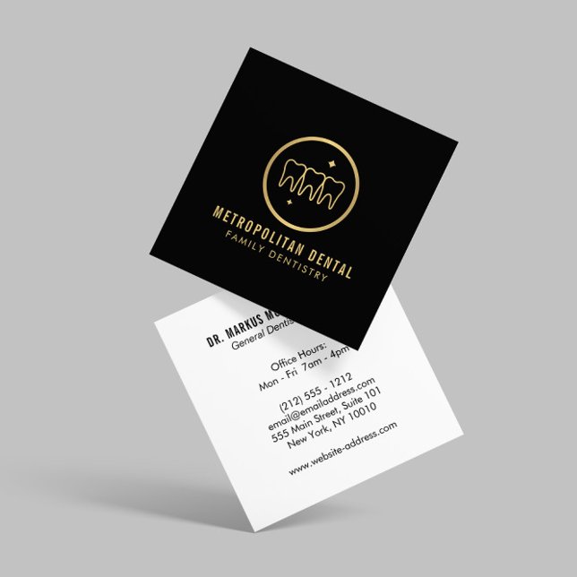 Modern Dentist Teeth Faux Gold Logo on Black Square Business Card (Creator Uploaded)