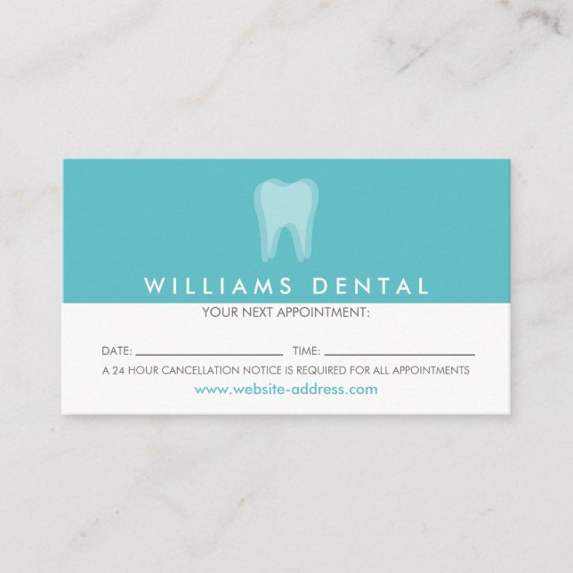 Modern Dentist Tooth Logo on Aqua Appointment Business Card (Front)